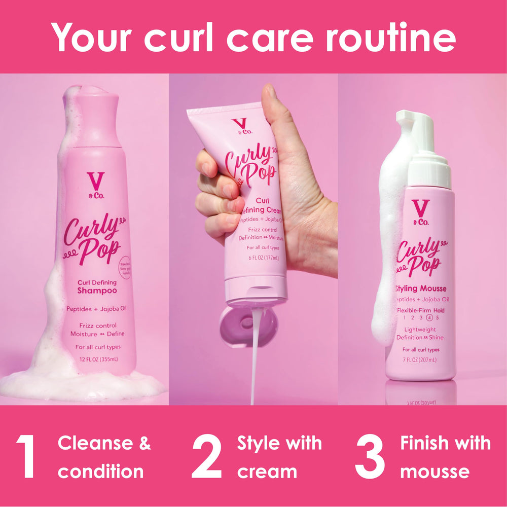 V&amp;CO Curly Pop hair shine on defined curls.