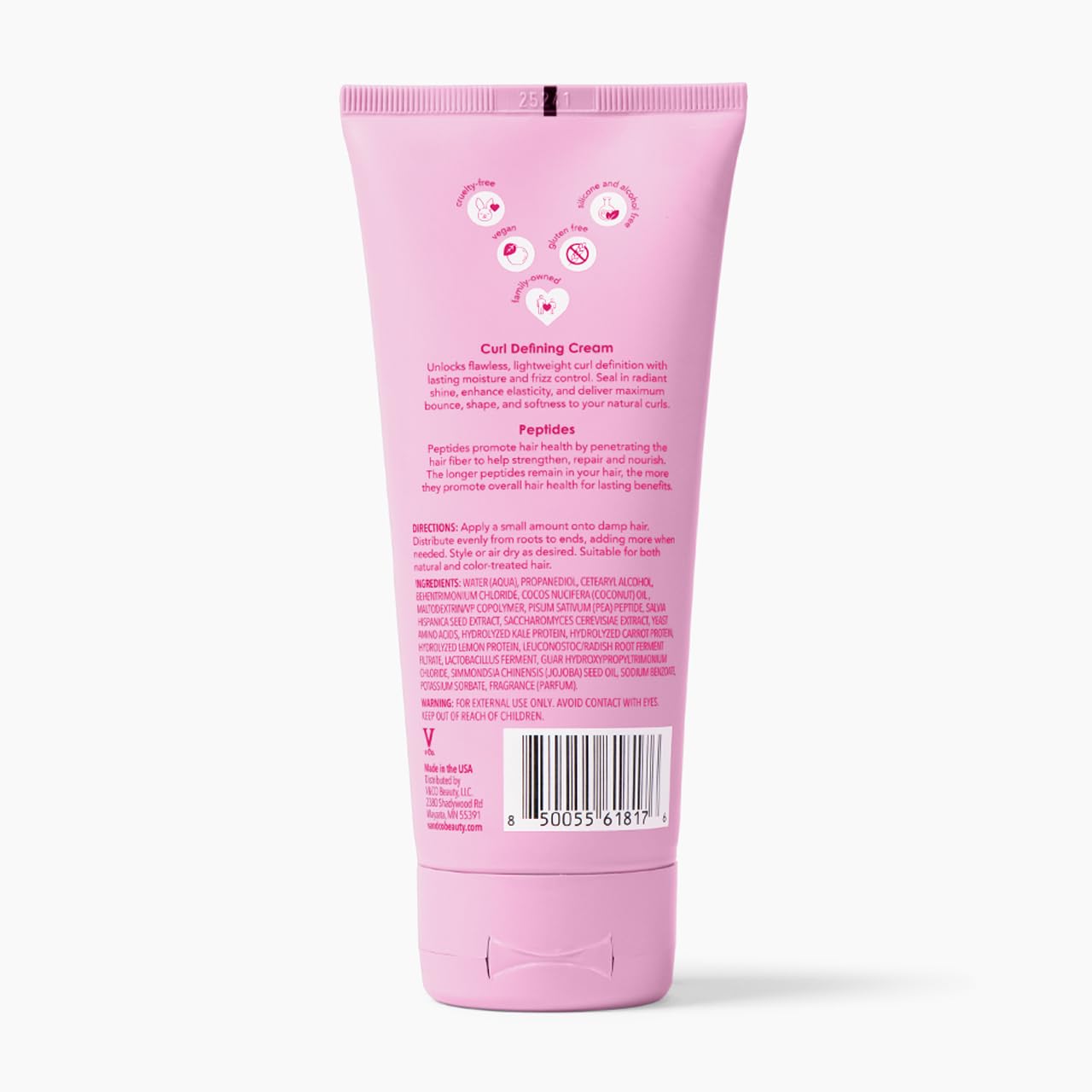 V&CO Curly Pop vegan cruelty-free badge reinforces clean beauty choice.