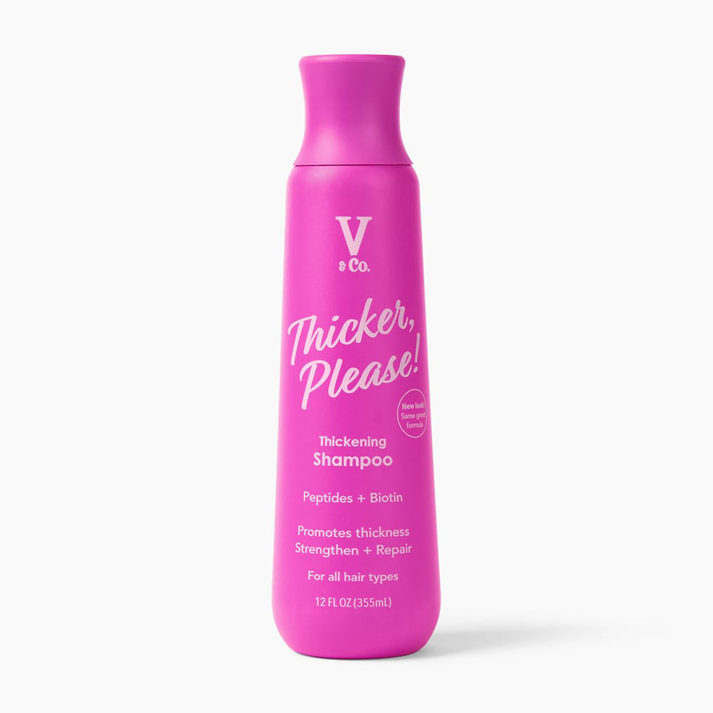 V&CO Hair Thickening Shampoo bottle shows fuller strands for everyday styling