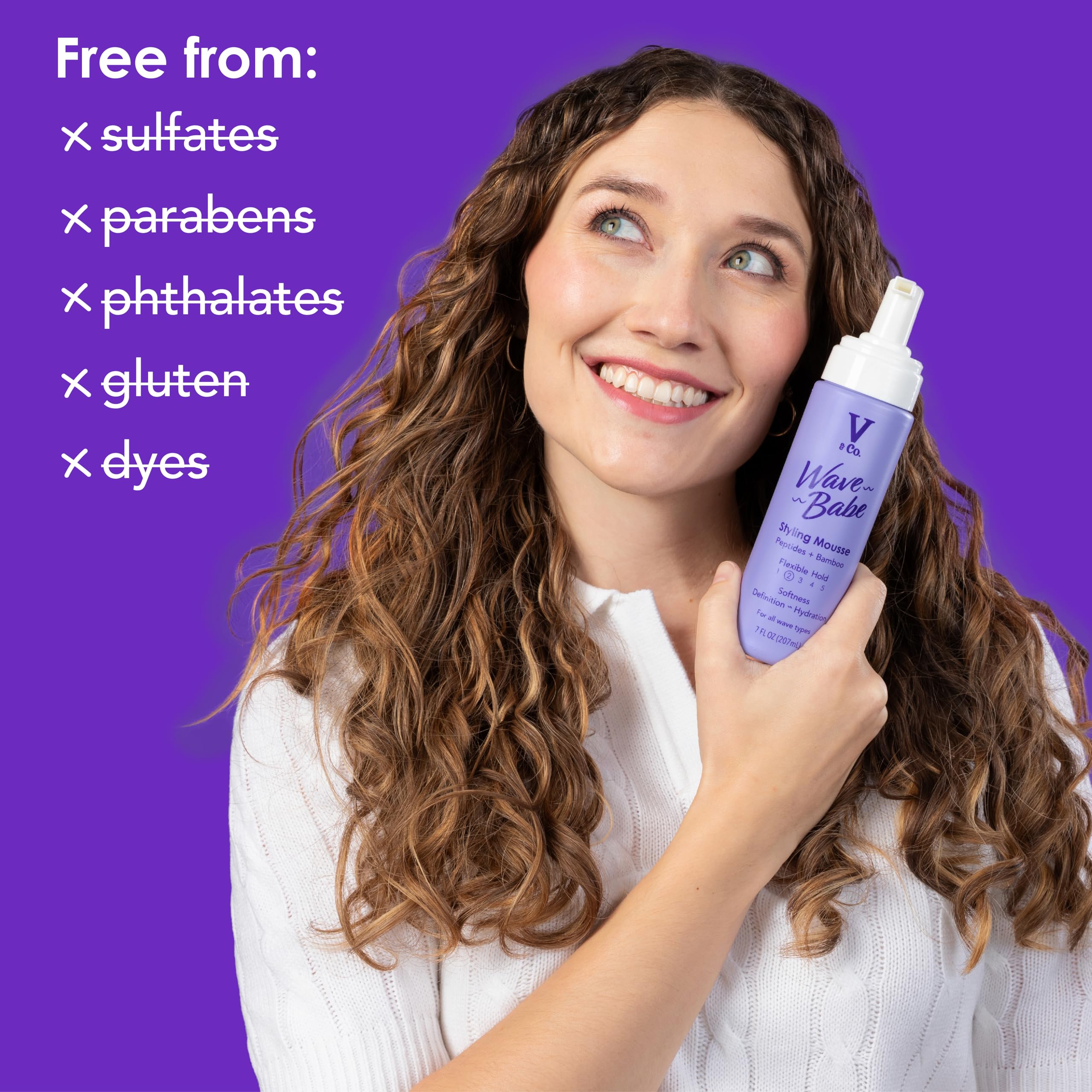 V&Co Wave Babe mousse on damp hair delivers soft, voluminous texture.