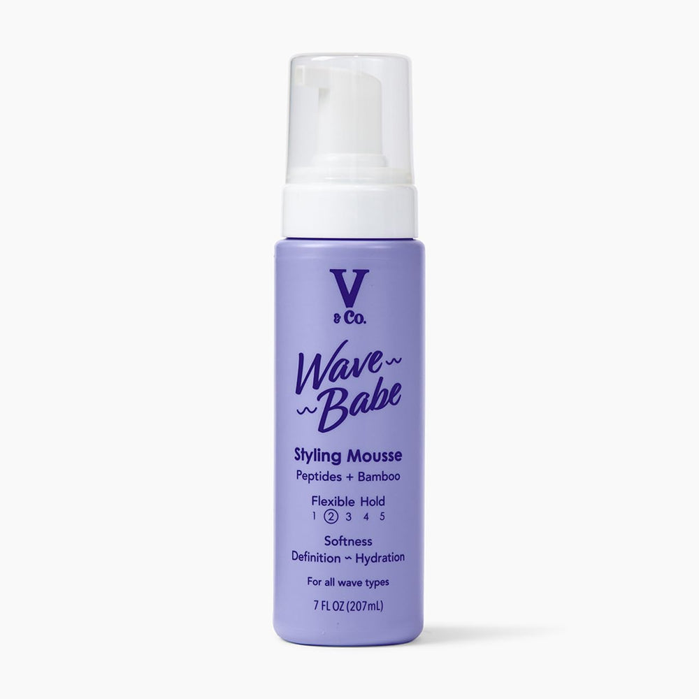 V&Co Wave Babe mousse bottle shows lightweight hold for defined waves.