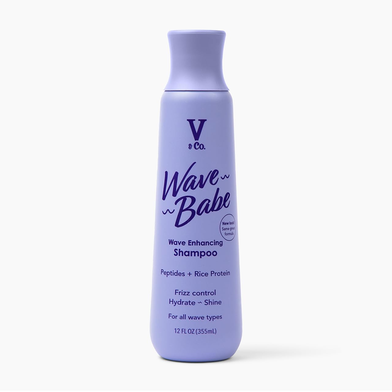 V&Co Wave Babe shampoo bottle highlighting hydrating formula for defined waves.