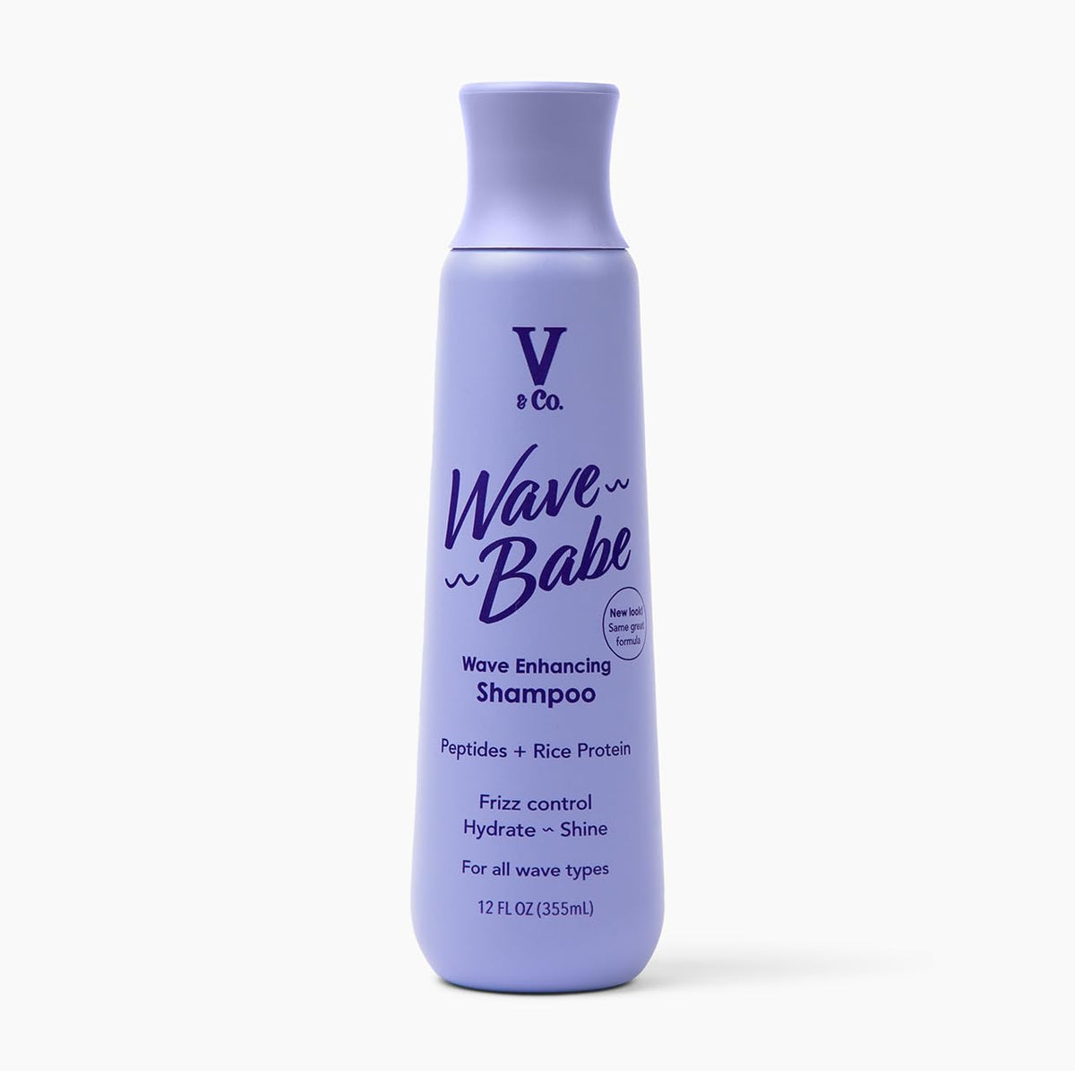 V&Co Wave Babe shampoo bottle highlighting hydrating formula for defined waves.