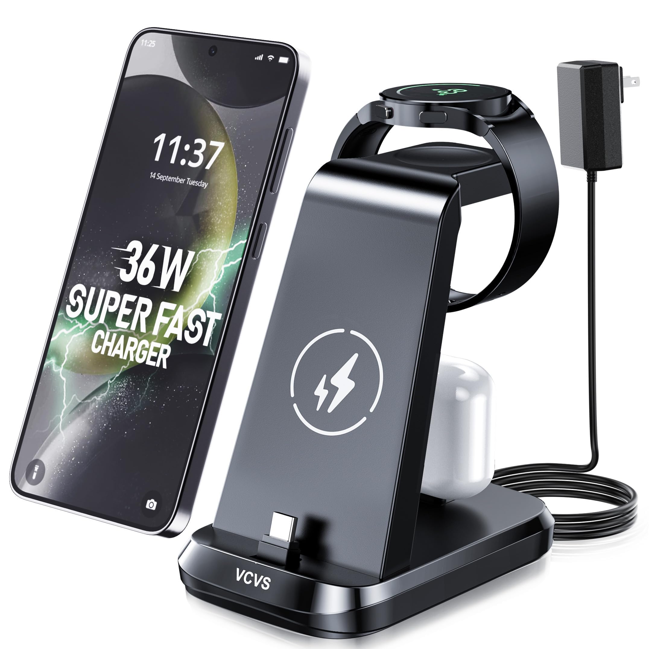 VCVS 36W charger front view powering phone, watch, and earbuds