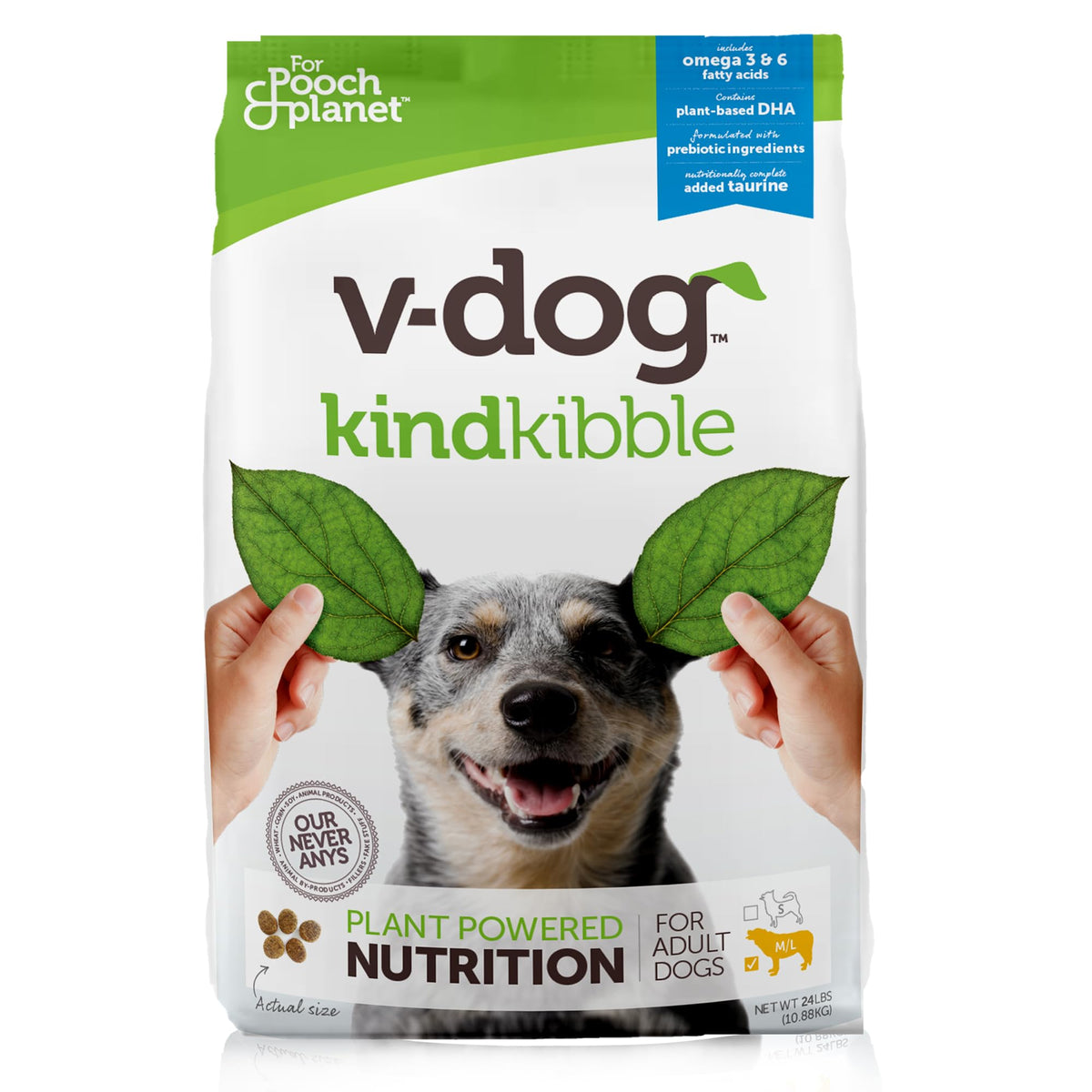 V-dog Kind Kibble bag front showing vegan dog food for adults.