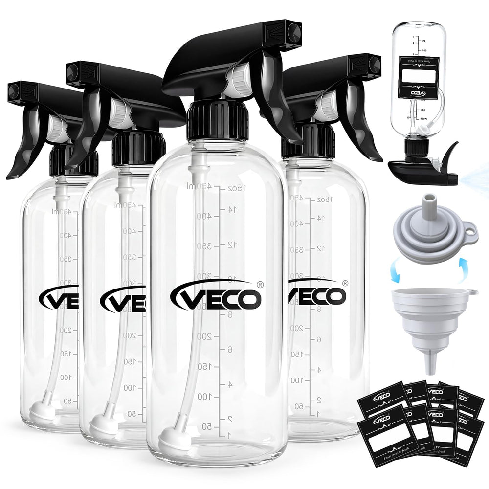 Veco 500ml graduated spray bottle with 360° spray for versatile cleaning angles.