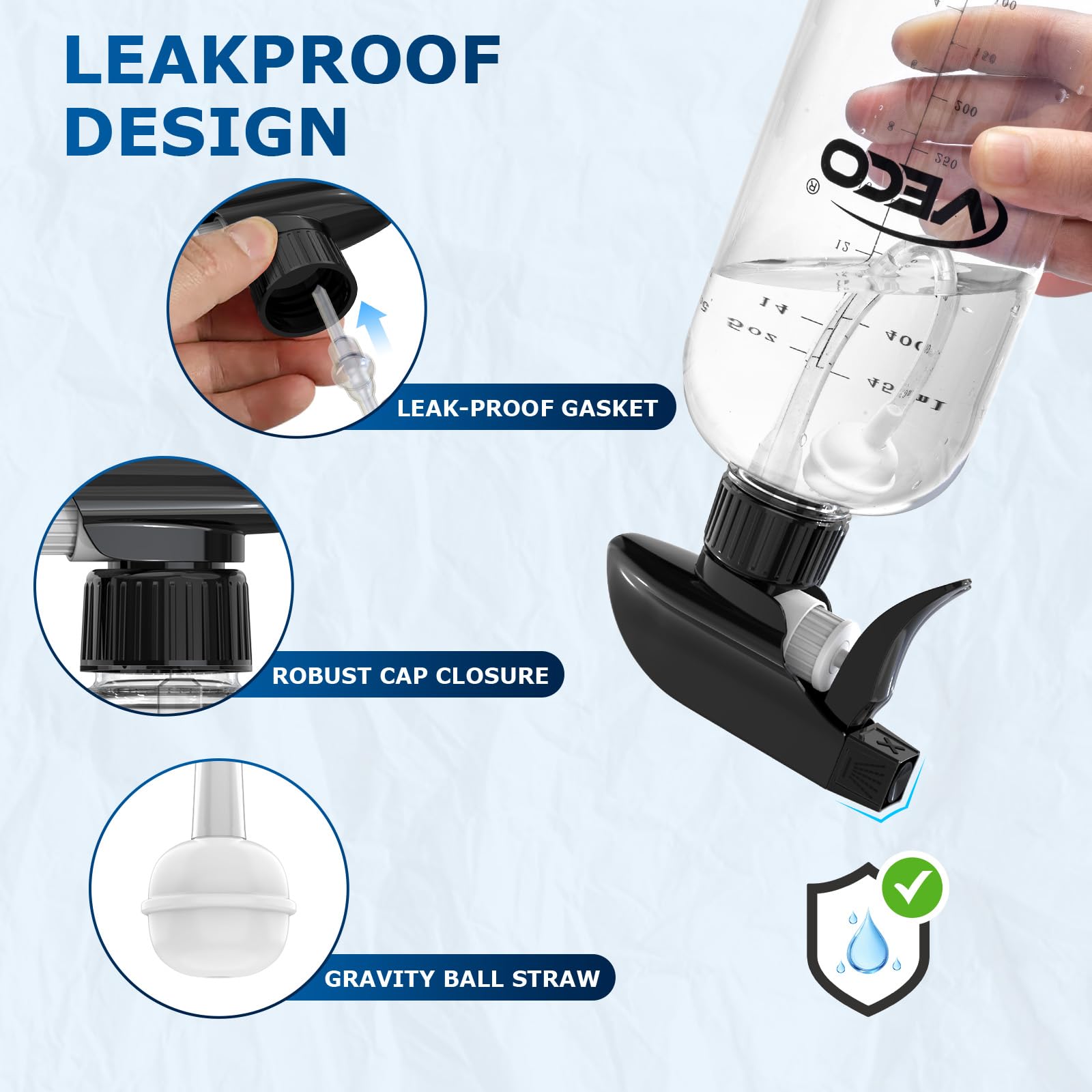 Veco leak- and clog-resistant valve keeps spraying reliably from any angle.