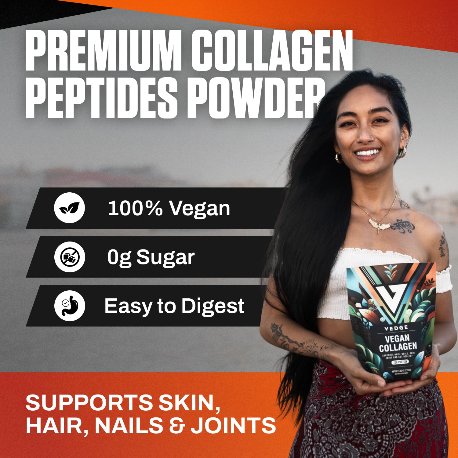 VEDGE collagen powder dissolving easily in beverages.