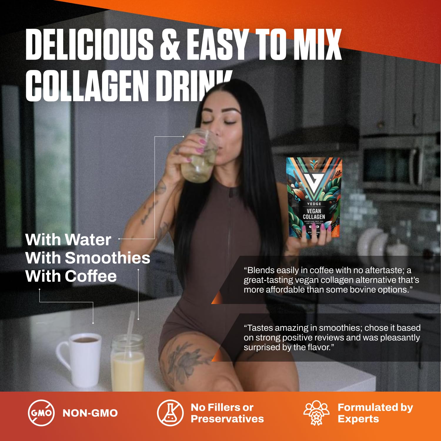 VEDGE collagen powder in smoothie for a plant-based protein mix.