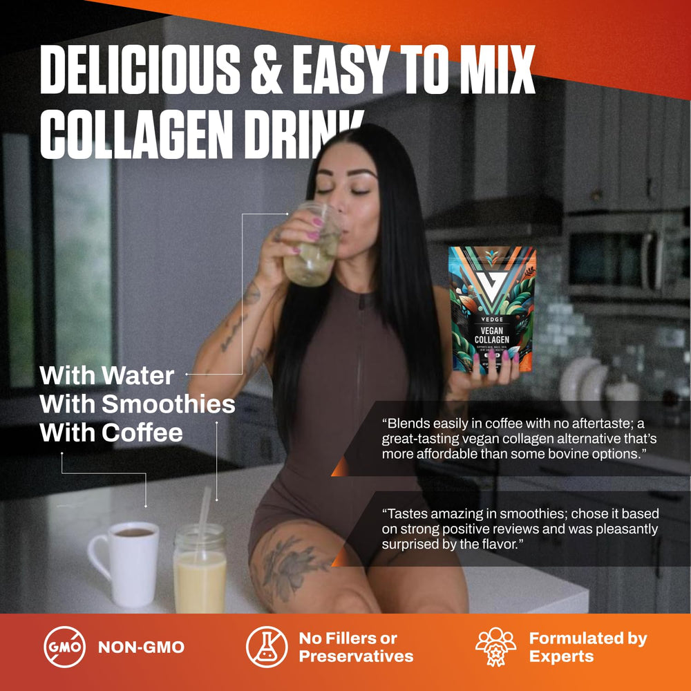VEDGE collagen powder in smoothie for a plant-based protein mix.