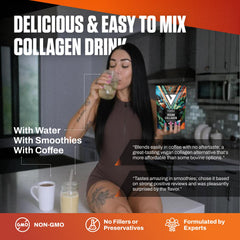 VEDGE collagen powder in smoothie for a plant-based protein mix.
