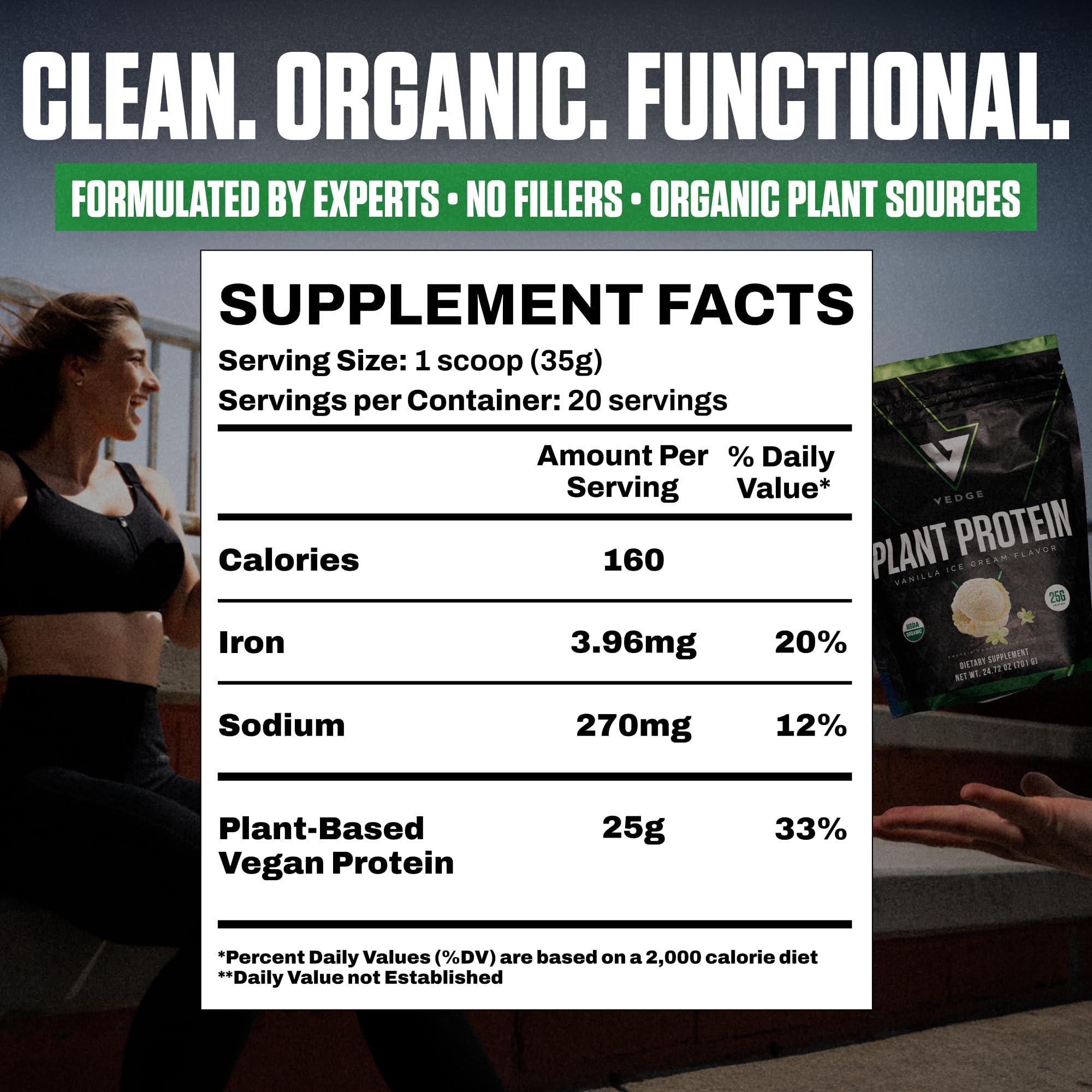 VEDGE vegan protein powder vanilla ingredients close-up with pea, pumpkin, sunflower