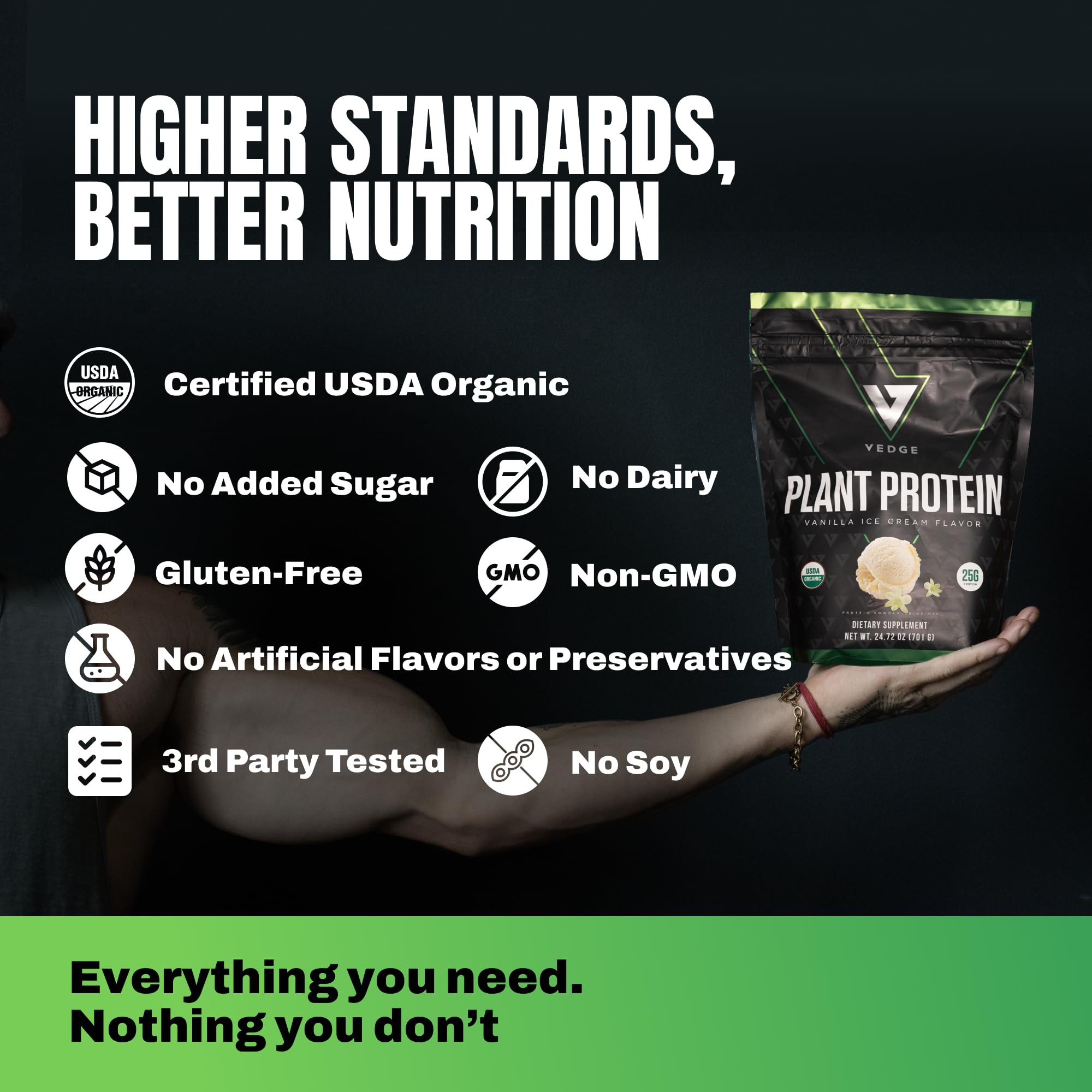 VEDGE vegan protein powder vanilla shake in glass highlighting dairy-free option