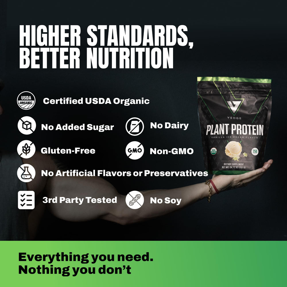 VEDGE vegan protein powder vanilla shake in glass highlighting dairy-free option