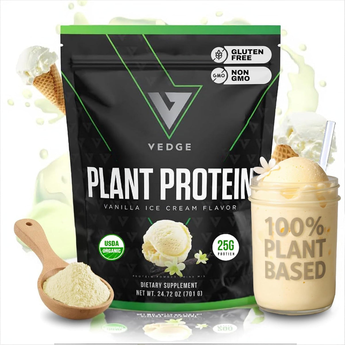 VEDGE vegan protein powder vanilla tub front highlighting 25g protein per serving