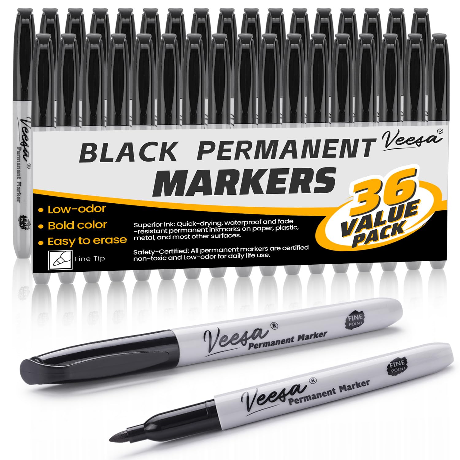 VEESA 36-pack permanent markers with a fine-tip for precise lines on paper and plastic.