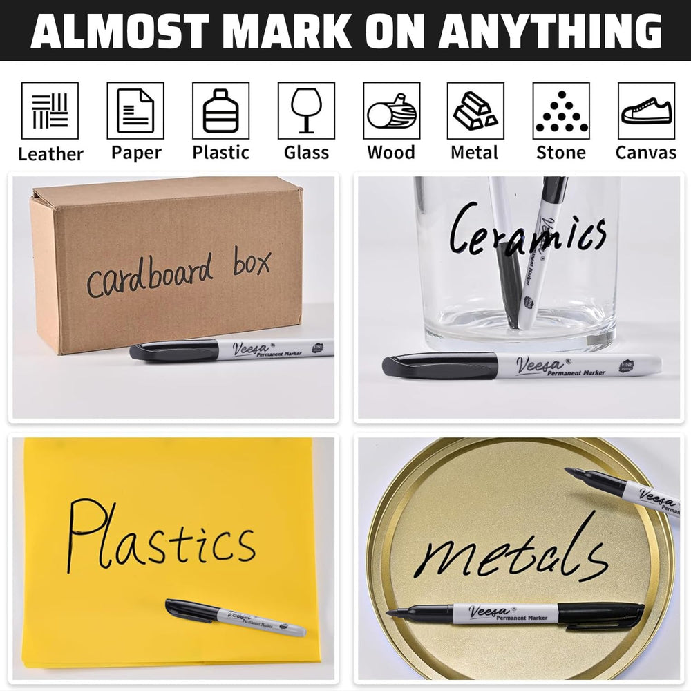 VEESA black permanent markers deliver quick-drying, smear-proof ink for labeling, crafts, and school projects.