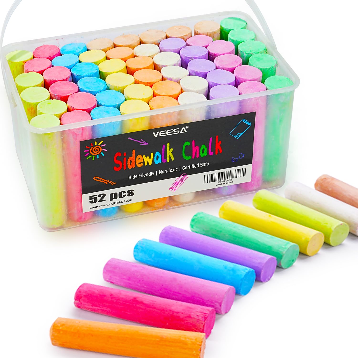 VEESA Sidewalk Chalk 52 pcs in bucket for easy transport and outdoor fun.