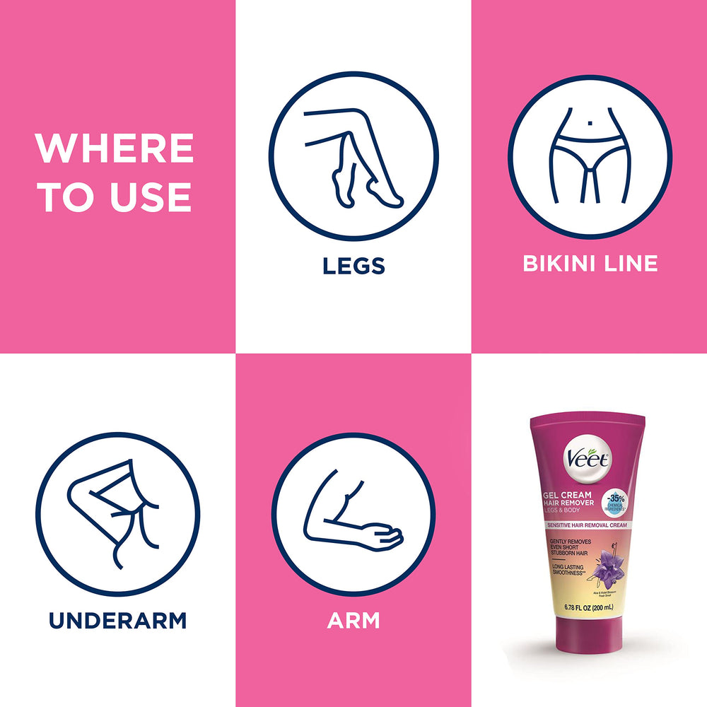 Veet Botanic Inspirations Gel Cream suitable for legs, arms, underarms, and bikini areas.