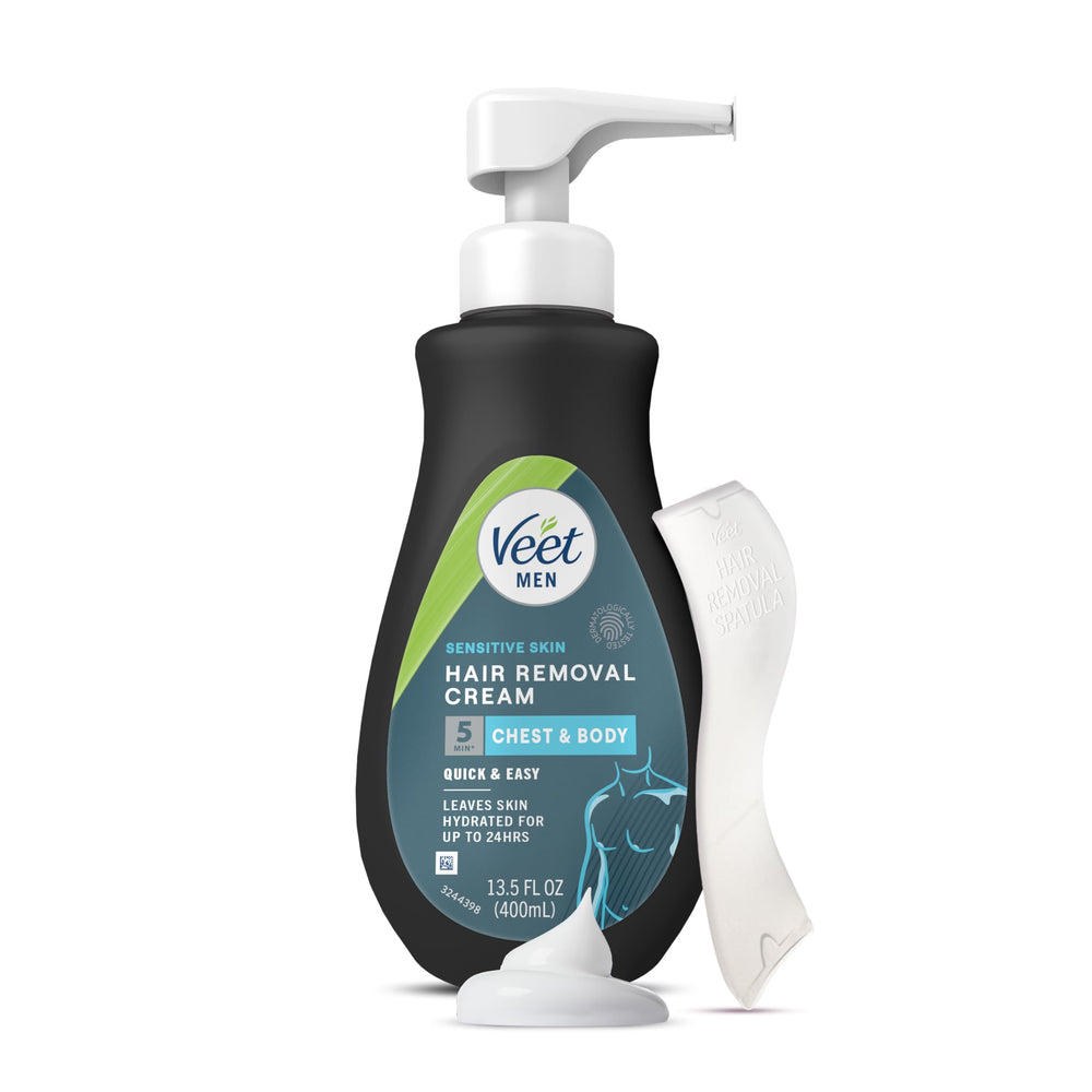 Veet Men's Hair Removal Gel Cream chest application for smooth skin.