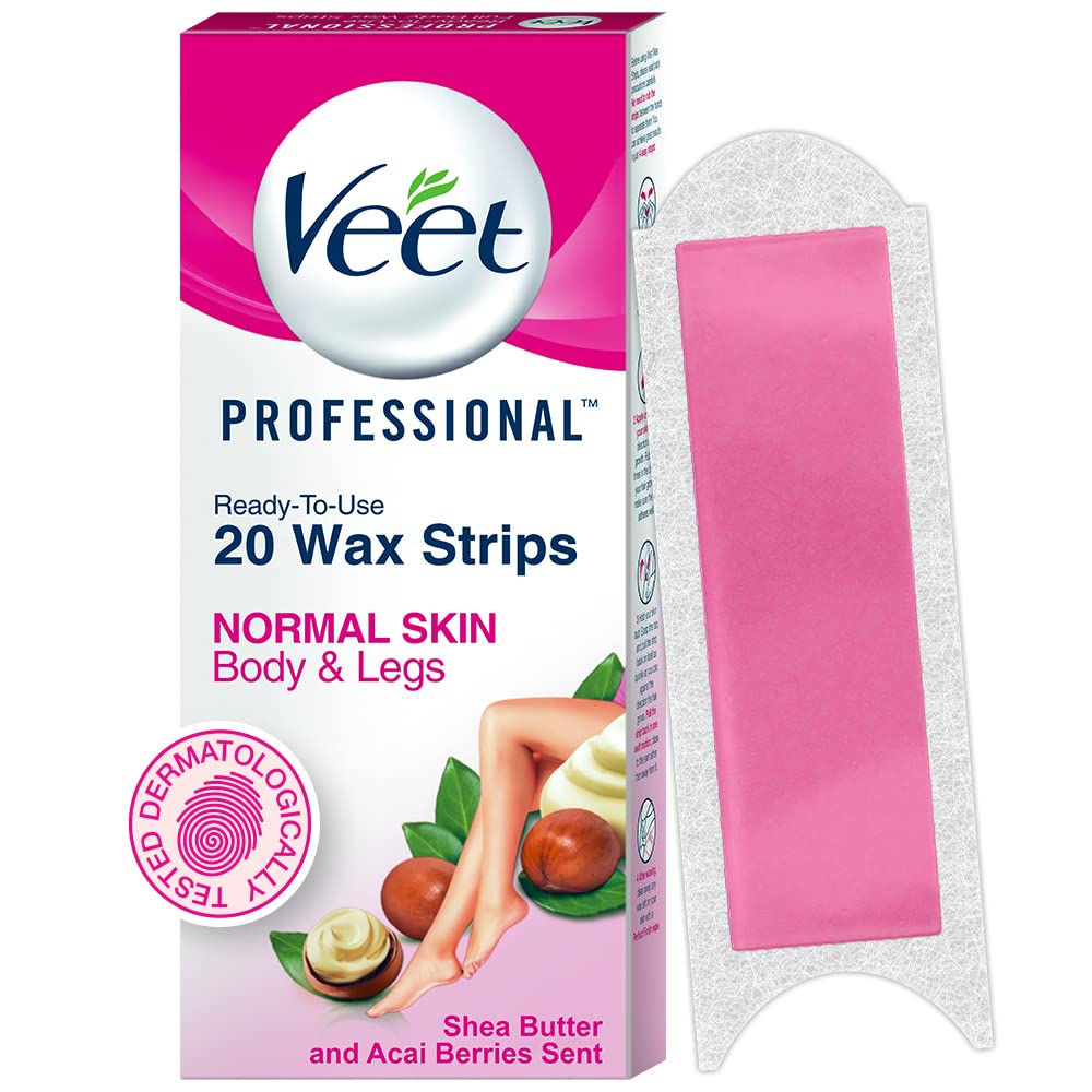 Veet waxing kit box and strips for easy at-home hair removal.