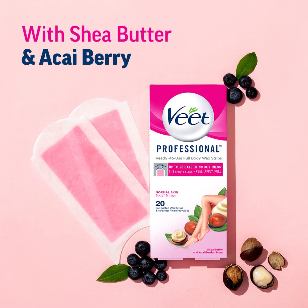 Veet finishing wipes shown for post-wax cleanup.