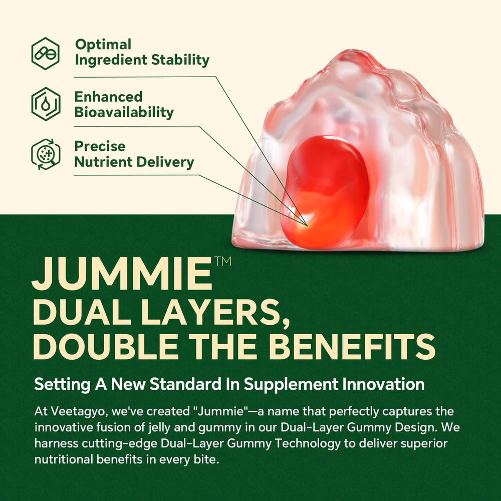 Graphic of brain icon beside VEETAGYO gummies, implying cognitive support.