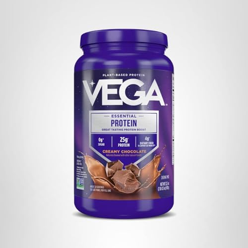 Nutrition panel on Vega Original Creamy Chocolate shows 25g protein per serving.