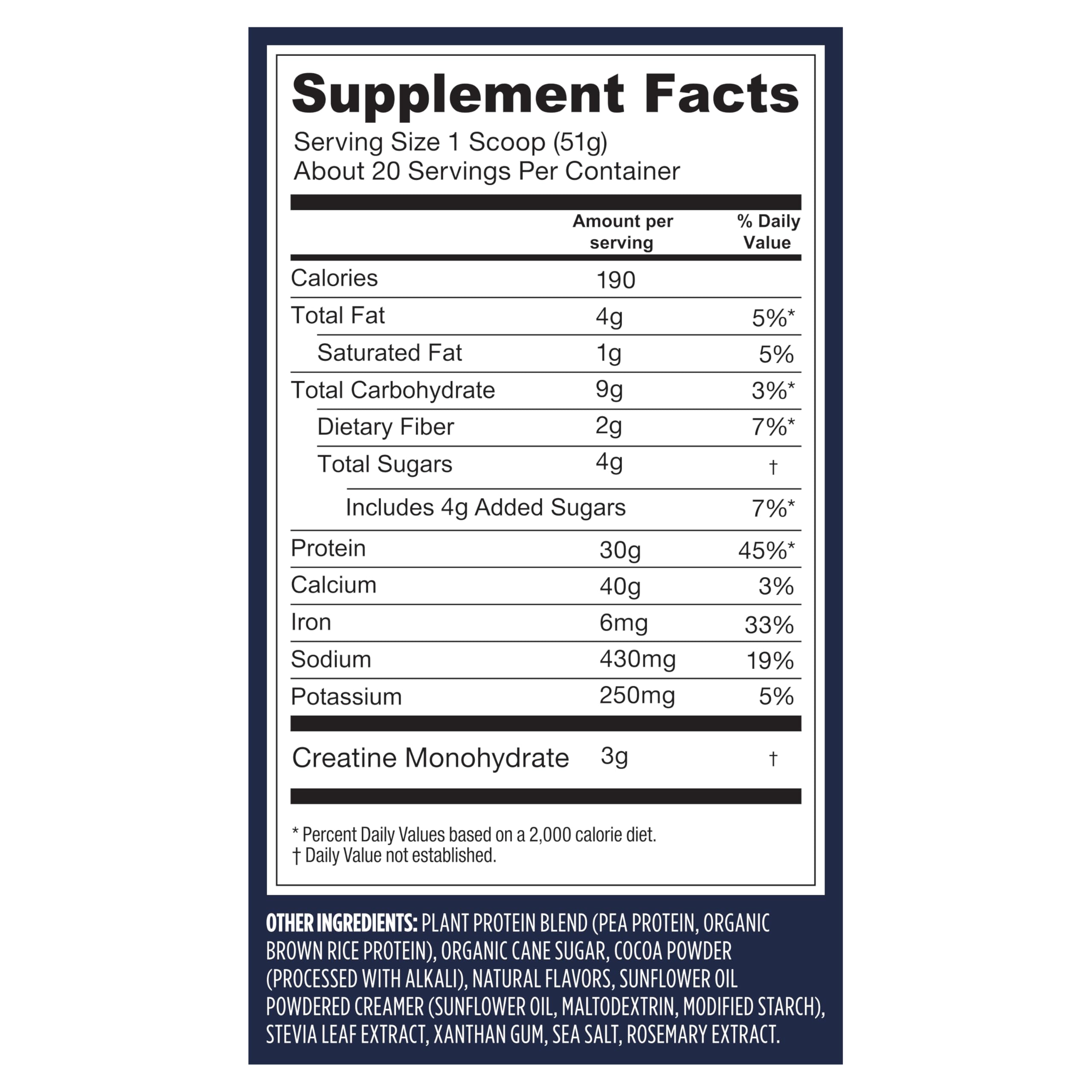 Vega Protein and Creatine chocolate label on bottle for daily use