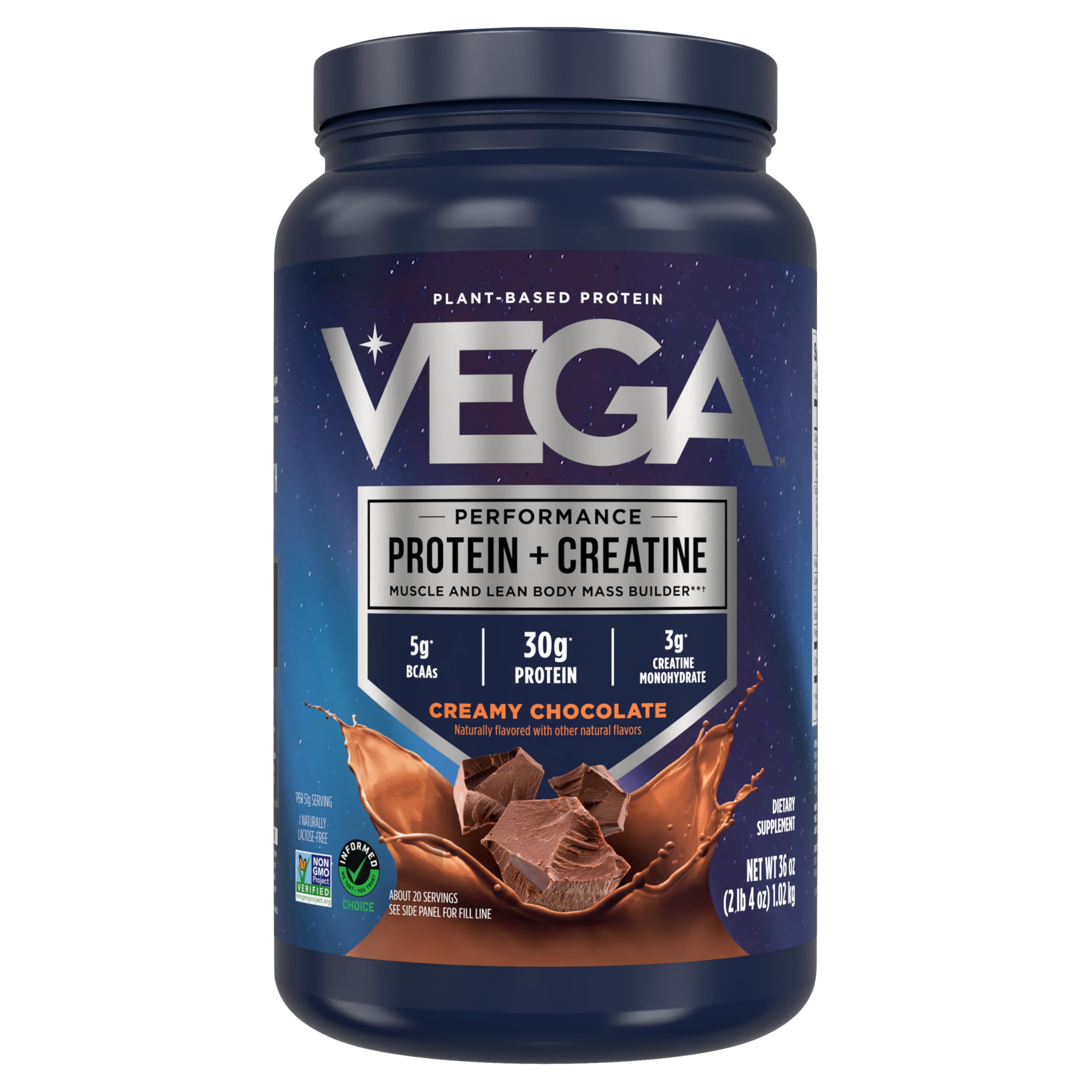 Vega Protein and Creatine chocolate powder with scoop for easy mixing