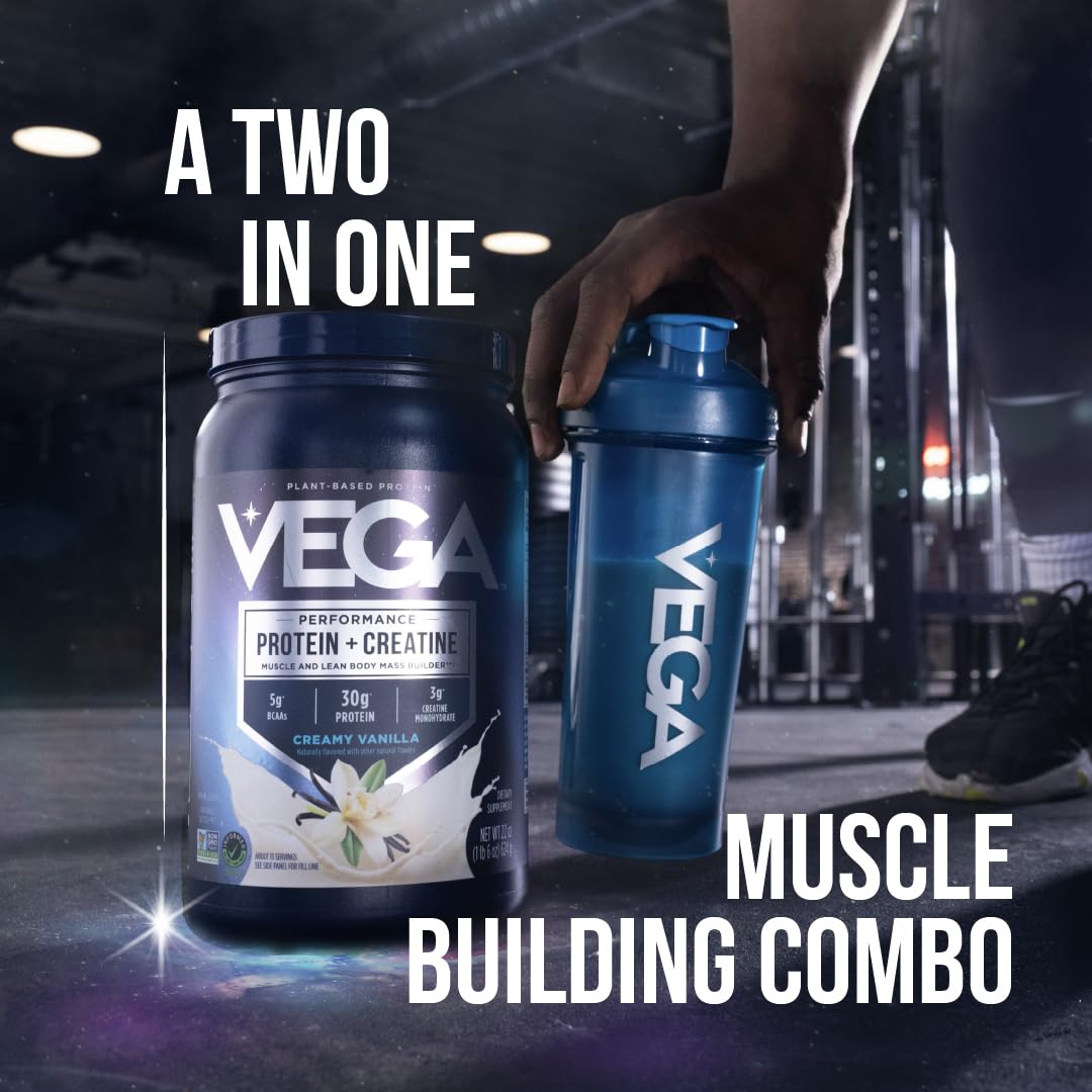 Vega Protein + Creatine vanilla shaker ready for a quick post-workout mix.