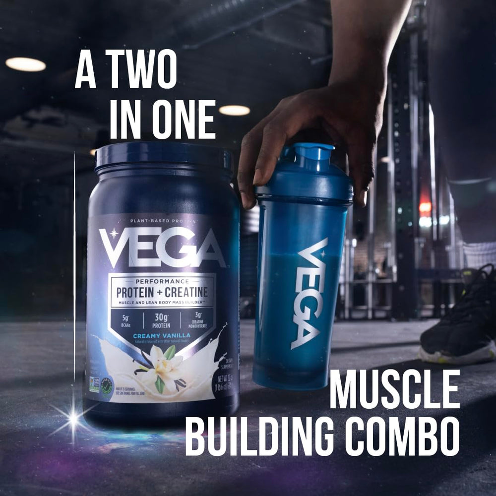 Vega Protein + Creatine vanilla shaker ready for a quick post-workout mix.