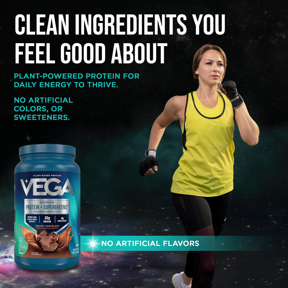 Vega Protein and Supergreens chocolate shake highlights rich flavor with plant-based protein.