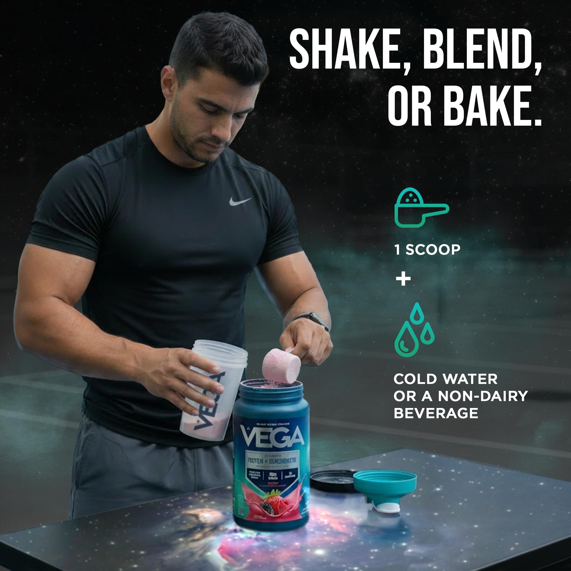 Vega Protein + Supergreens coconut almond bottle blends tropical flavor with energy