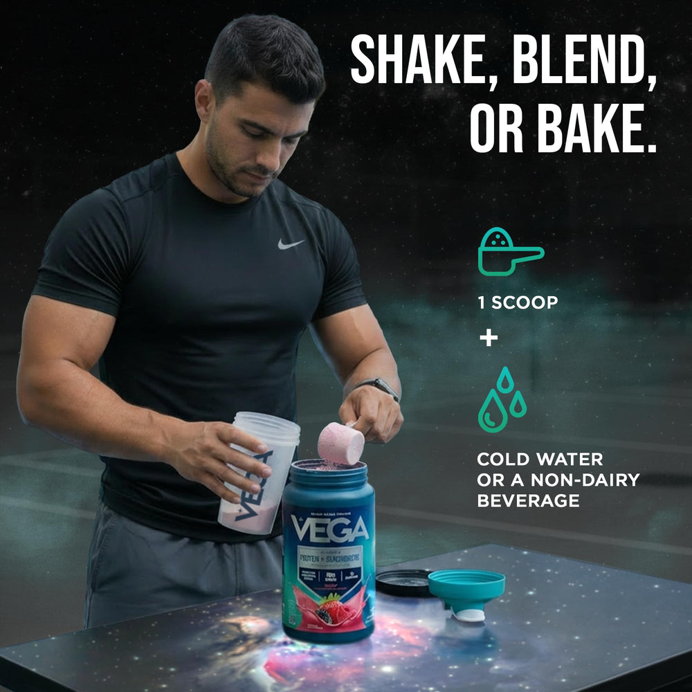 Vega Protein + Supergreens coconut almond bottle blends tropical flavor with energy