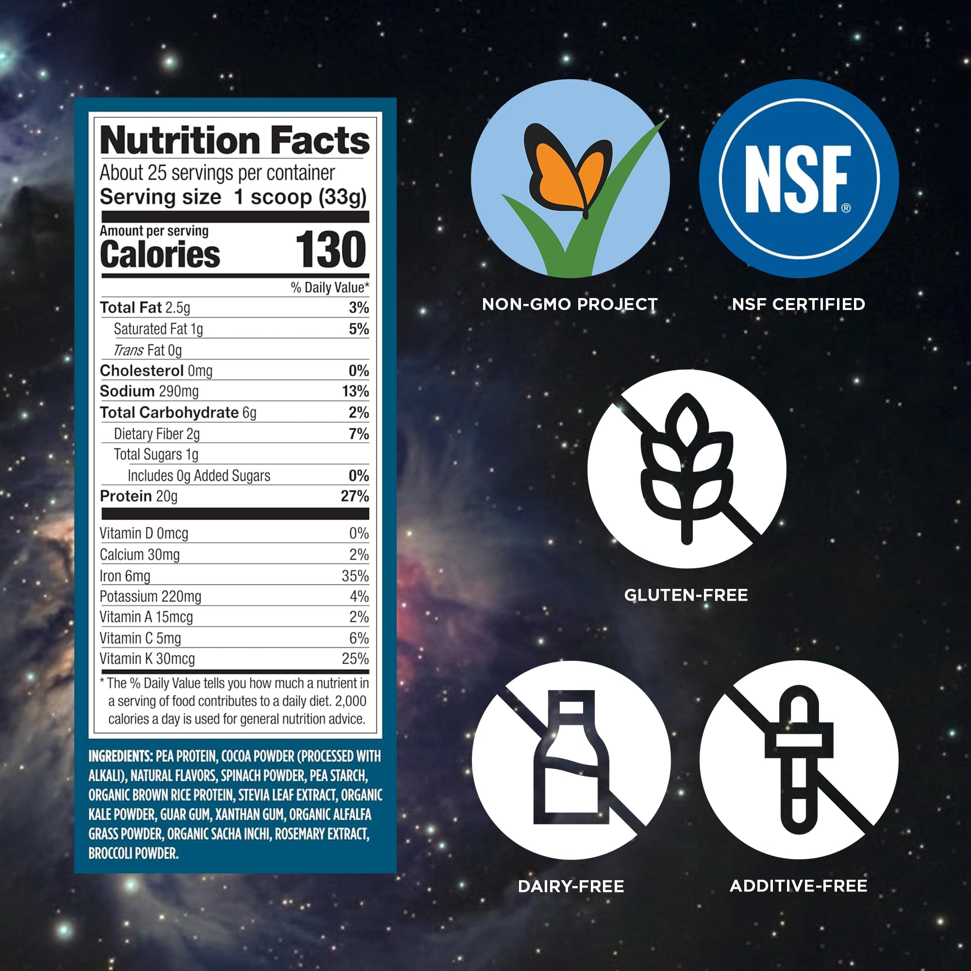 Close-up of Vega Protein and Supergreens greens ingredients shows kale, spinach and broccoli.