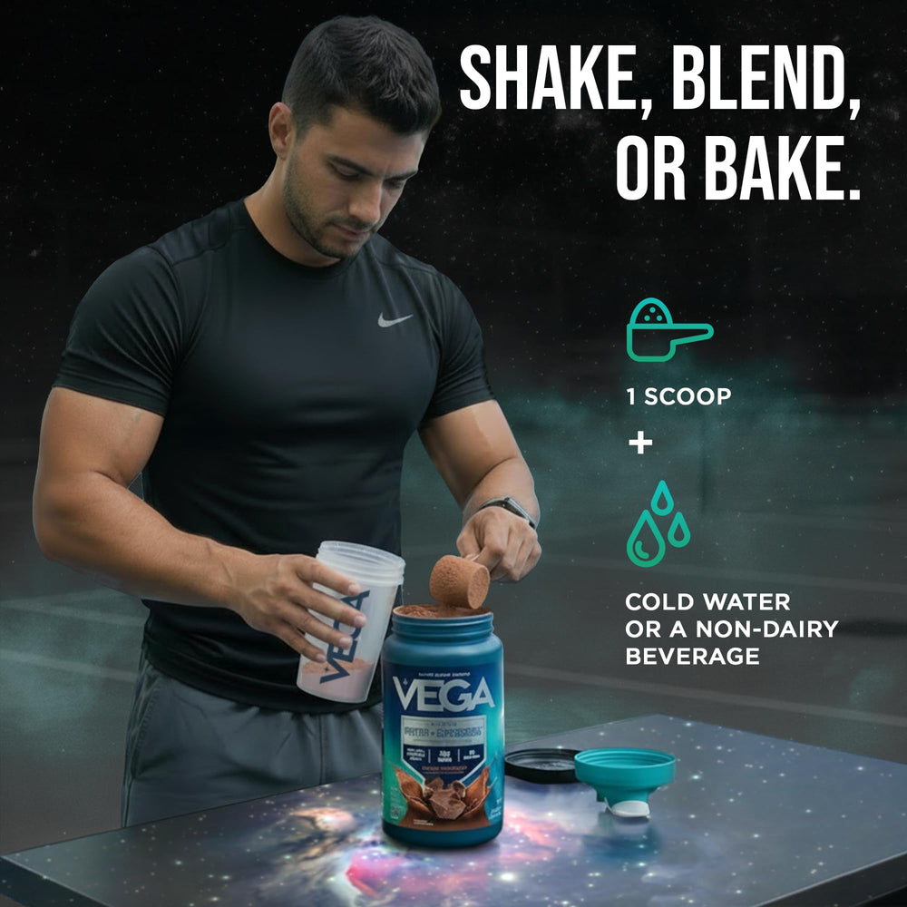Vega Protein and Supergreens label emphasizes vegan certification and no added sugar.