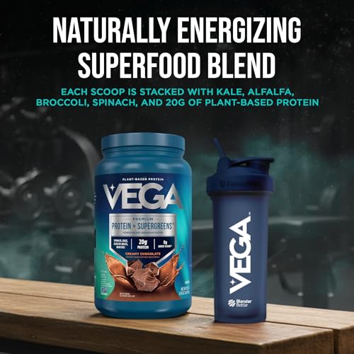 Vega Protein and Supergreens non-GMO badge communicates verified ingredients.