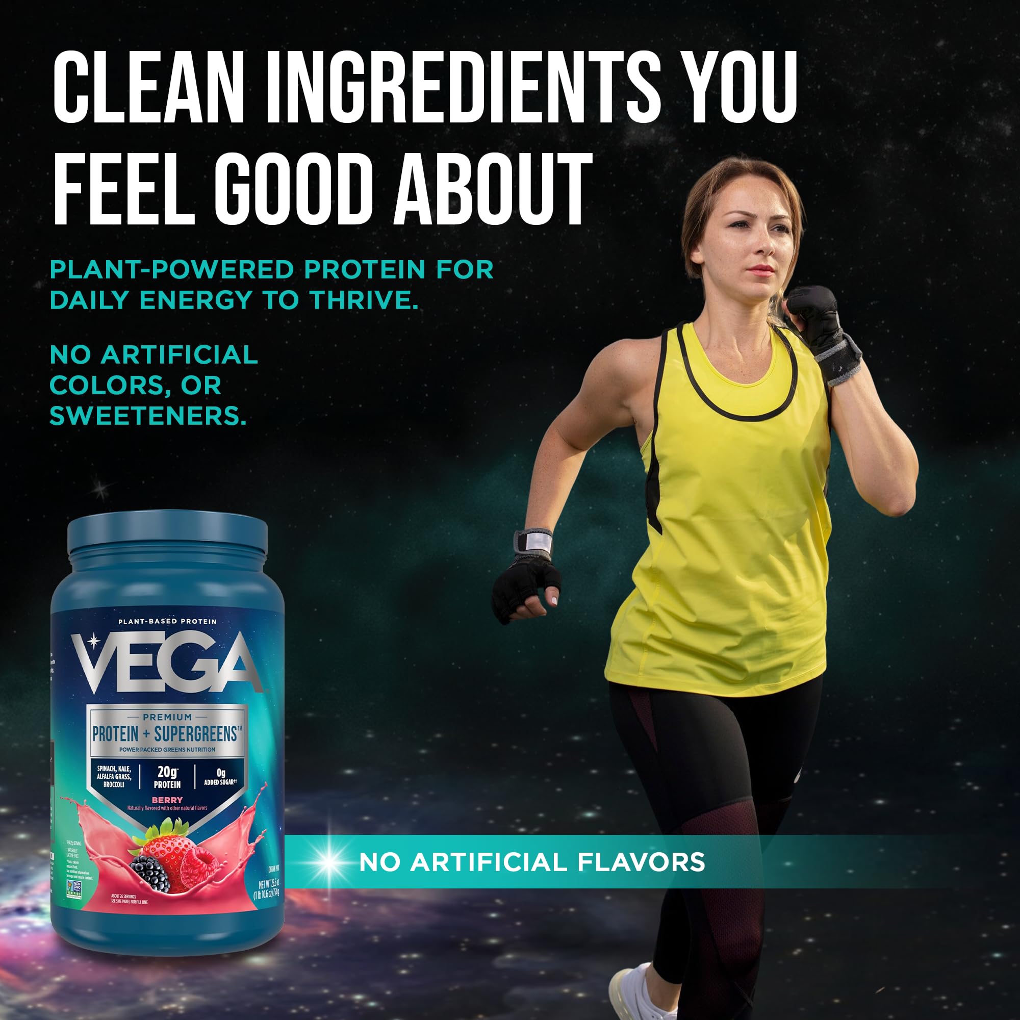 Vega Protein + Supergreens scoop image emphasizes 20g protein per serving