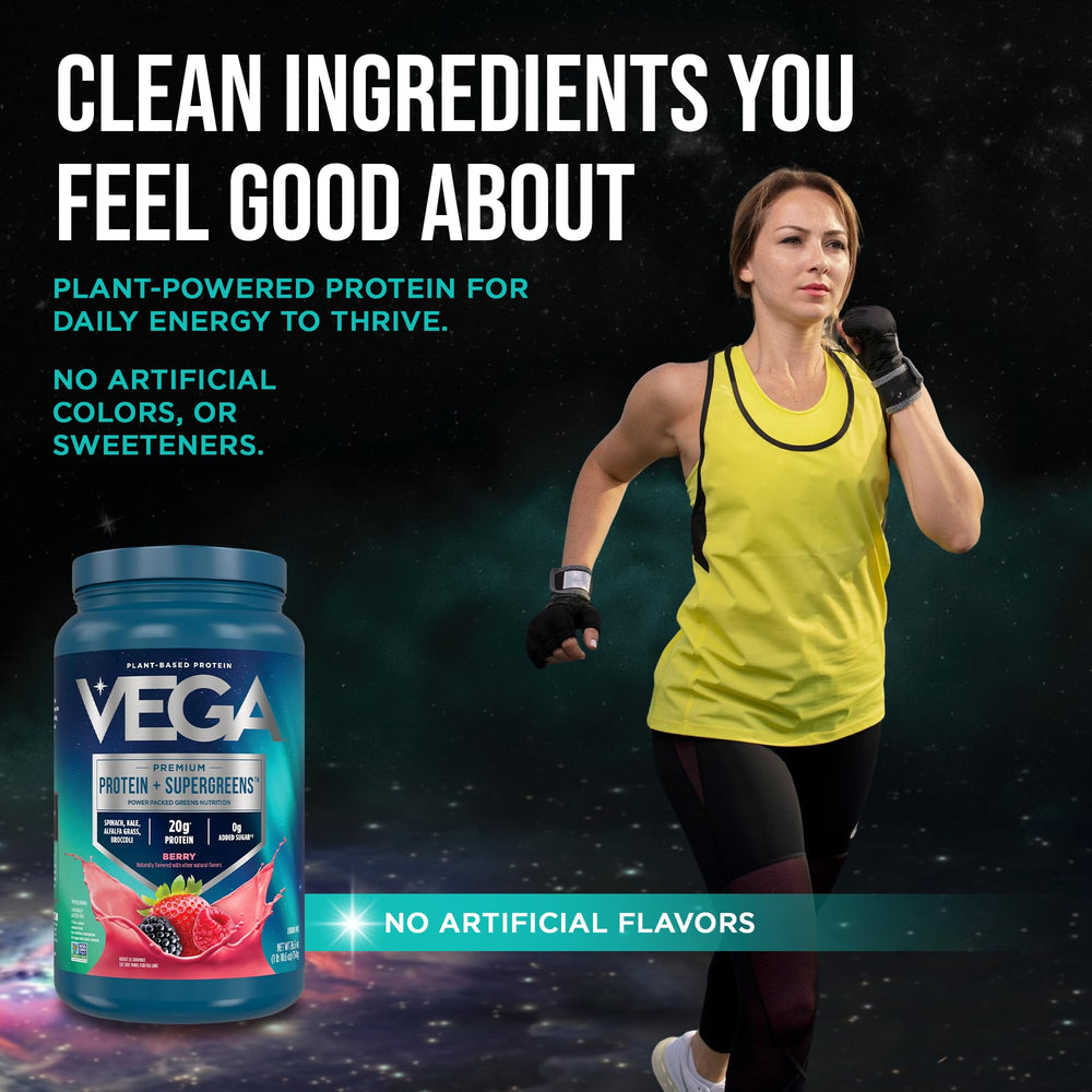 Vega Protein + Supergreens scoop image emphasizes 20g protein per serving