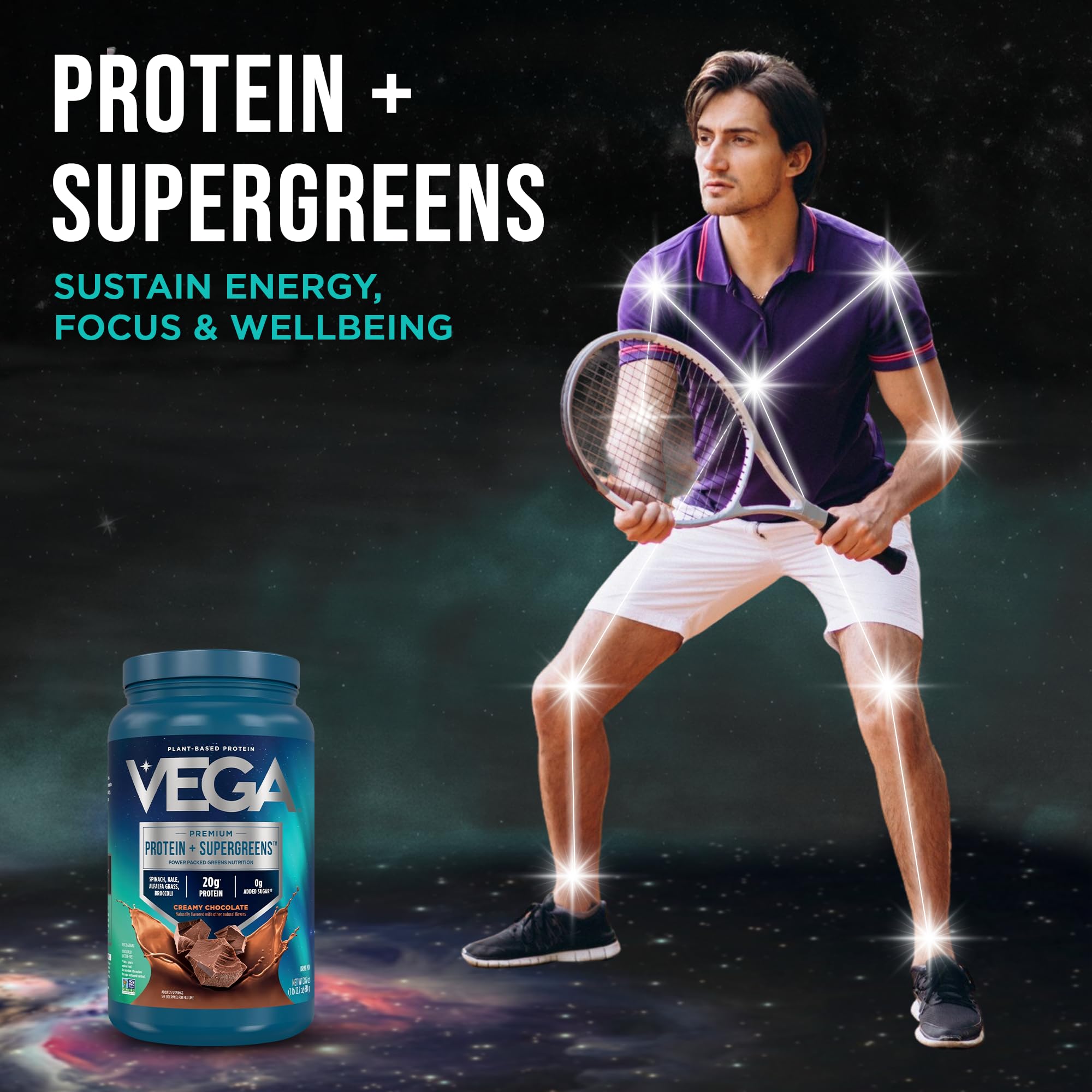 Vega Protein + Supergreens scoop highlights 20g protein per serving for quick shakes.