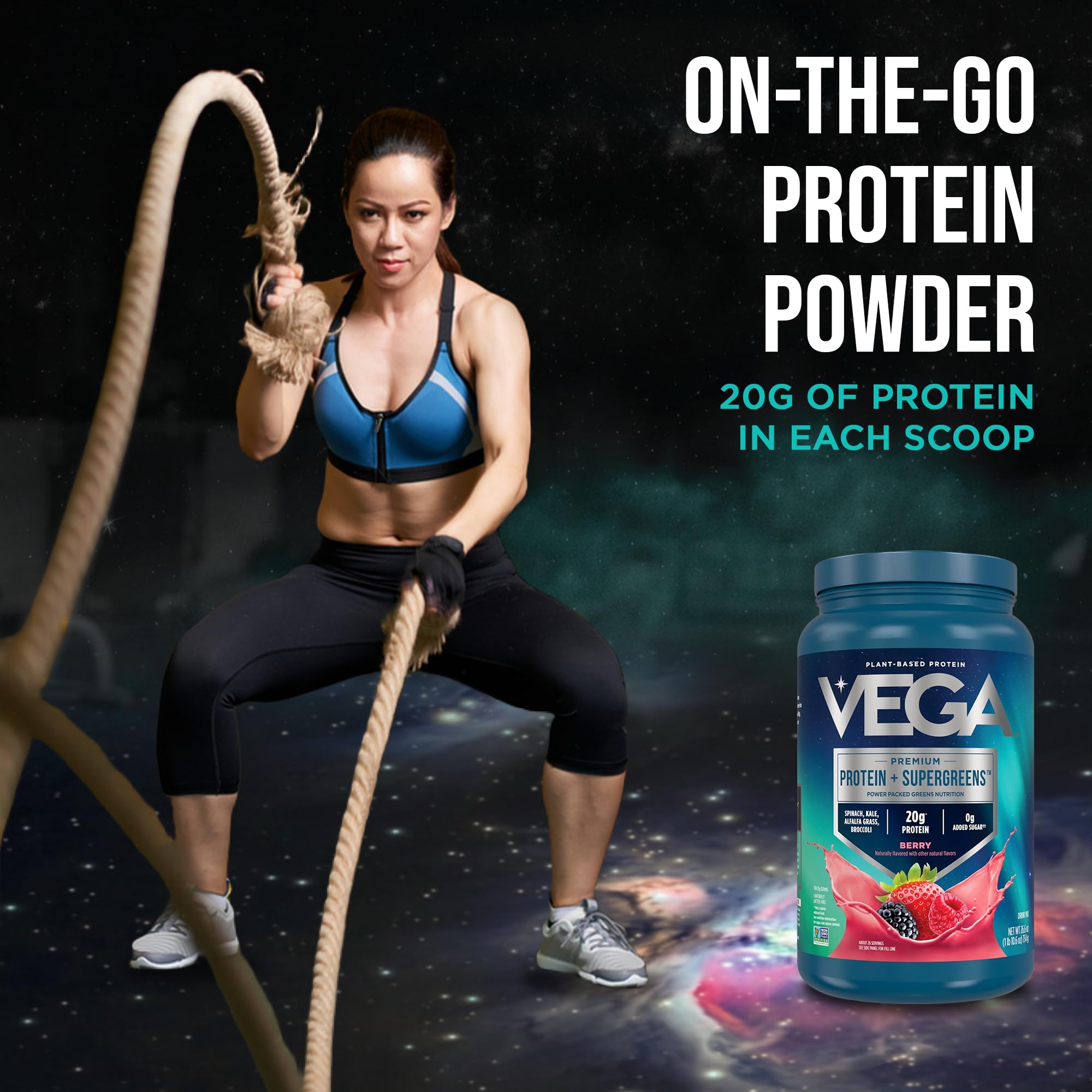 Vega Protein + Supergreens tropical bottle adds vibrant smoothie boost