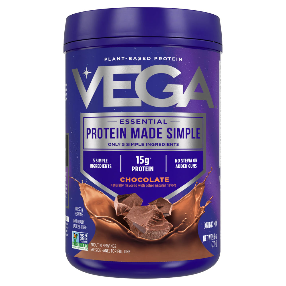 Vega Protein Made Simple chocolate tub with scoop for a smooth shake