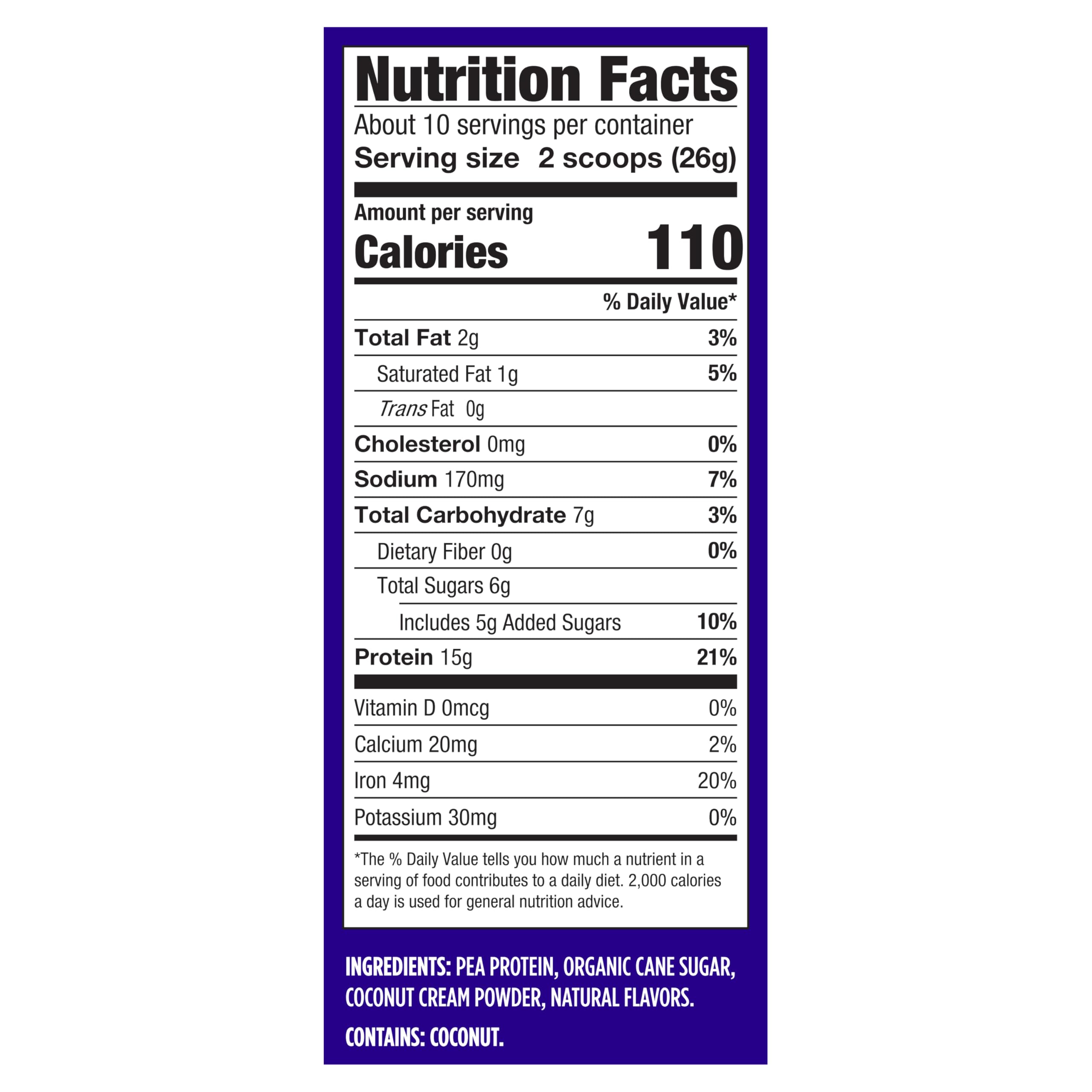 Vega Protein Made Simple Vanilla powder scoop close-up shows 15 g vegan protein.