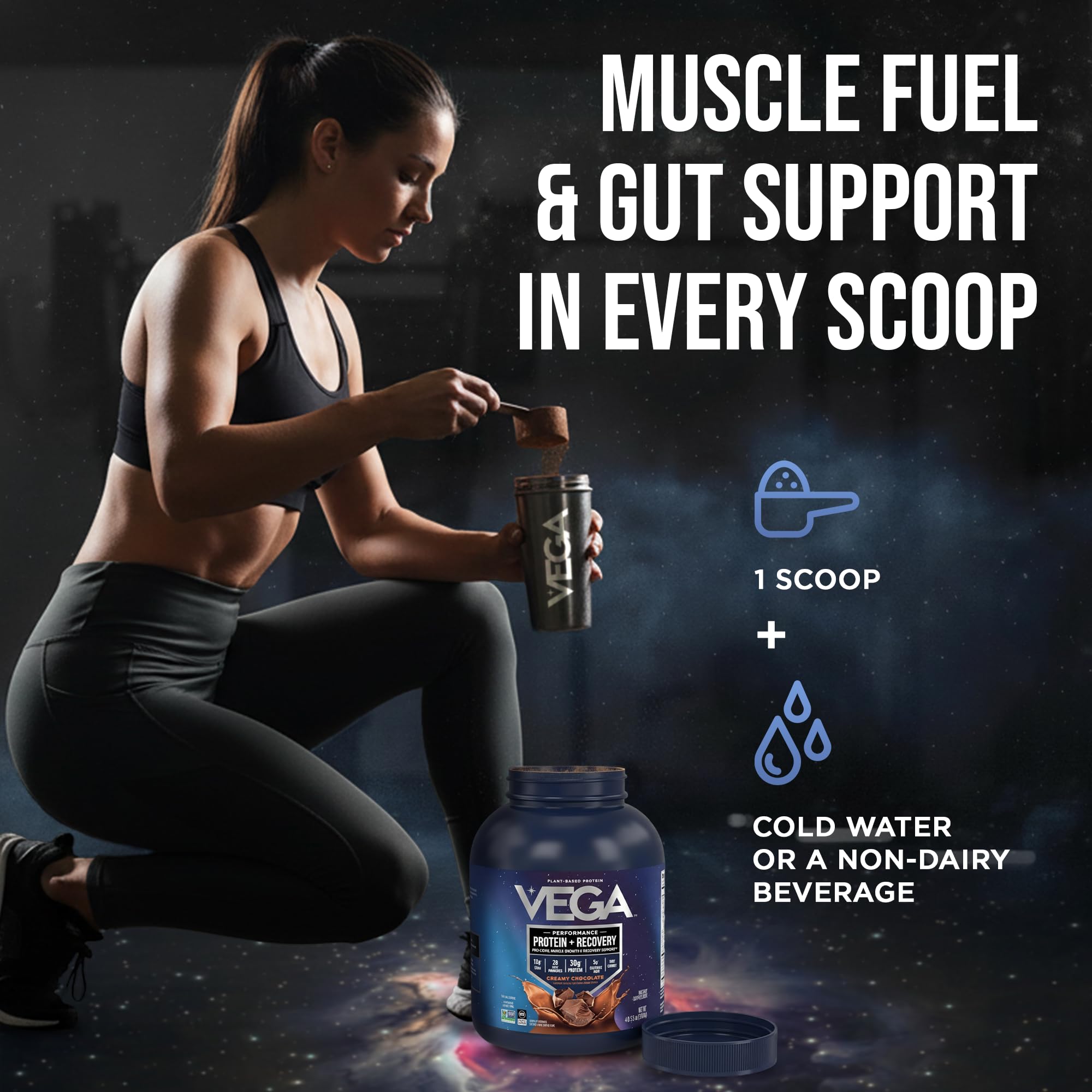 Vega Protein + Recovery chocolate in a gym bag ready for workouts