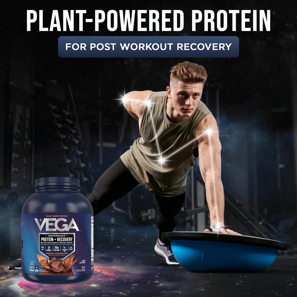 Vega Protein + Recovery chocolate scoop measuring a 30g serving for quick shakes