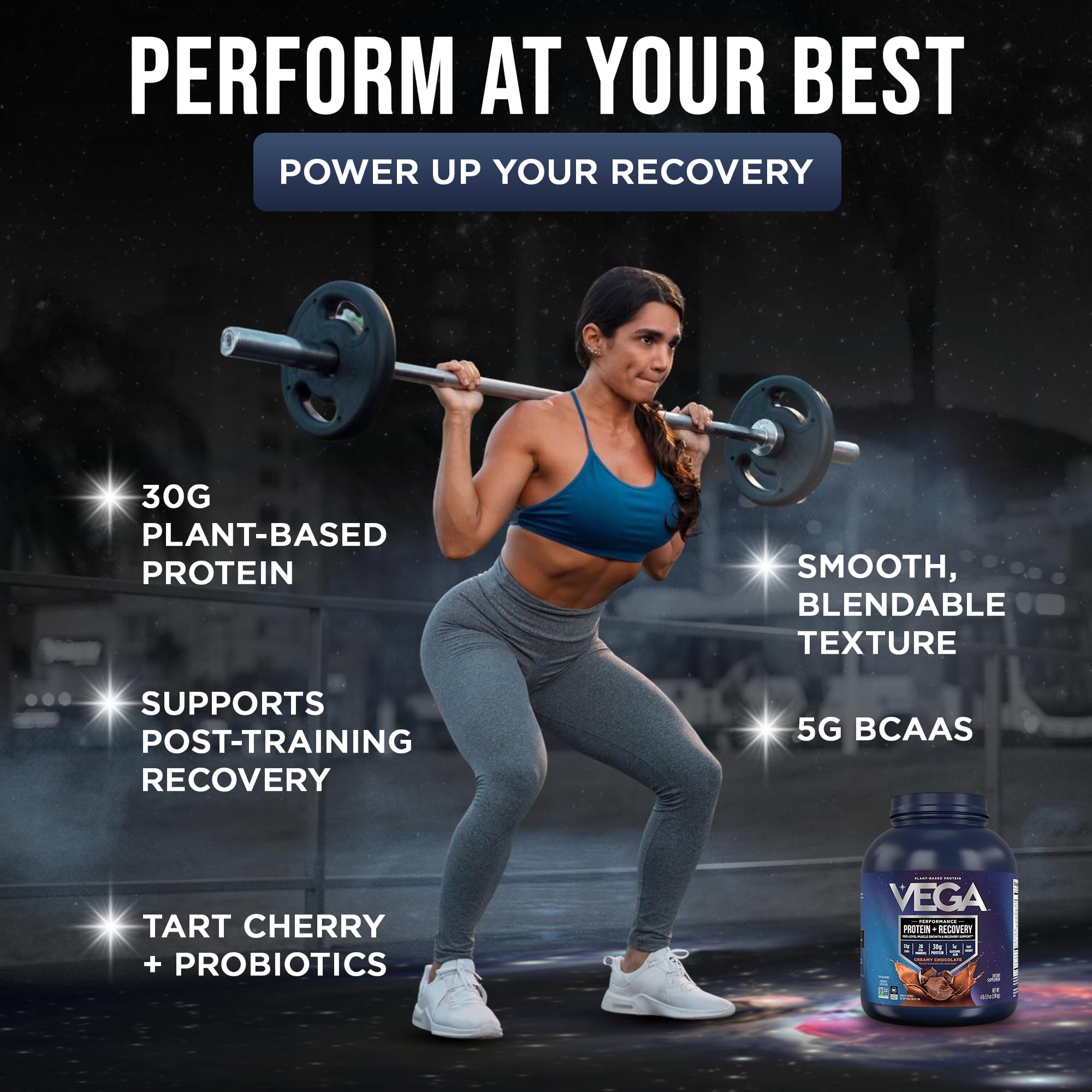 Vega Protein + Recovery chocolate shaker blending a creamy, smooth shake