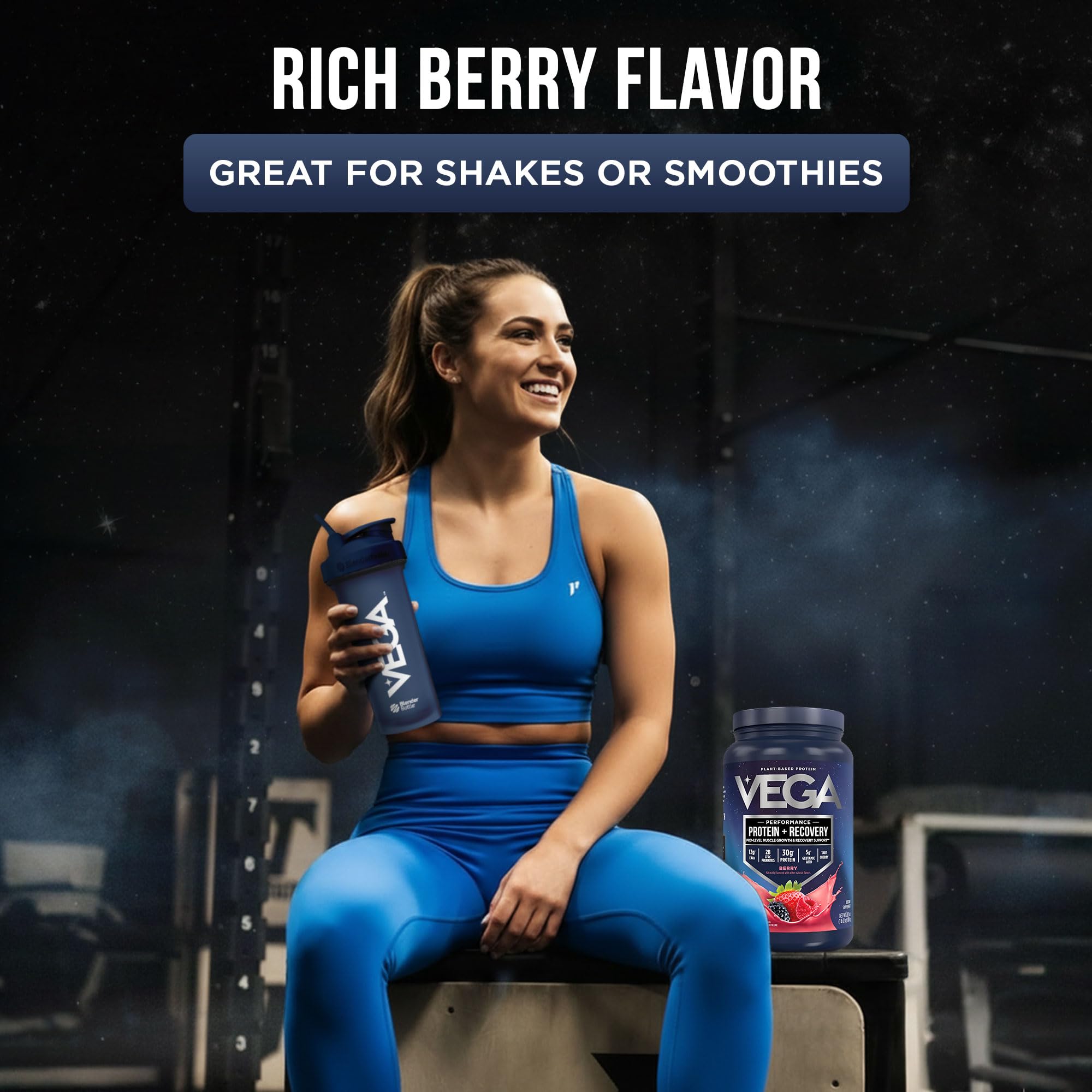 Vega Sport Berry powder being poured into a blender