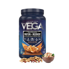 Vega Sport Peanut Butter tub front highlights plant-based protein for workouts