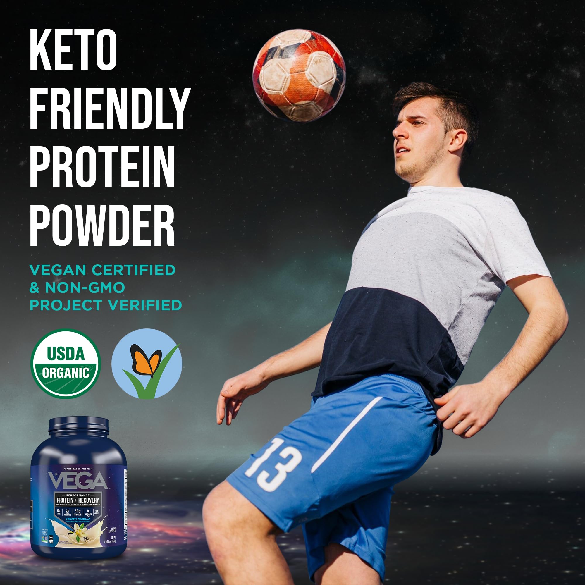 Vega Sport vanilla label and NSF Certified badge in focus for trust